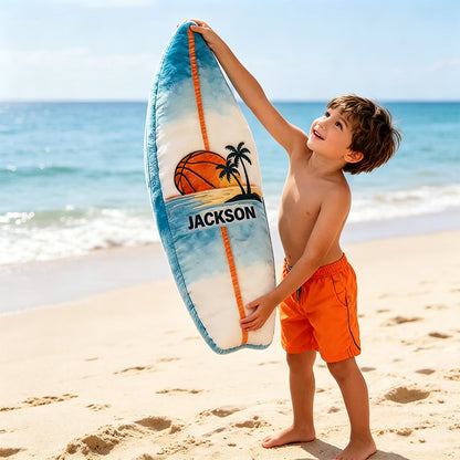 Custom Name Surfboard Basketball Pillow – Fun Gift for Sports and Beach Enthusiasts