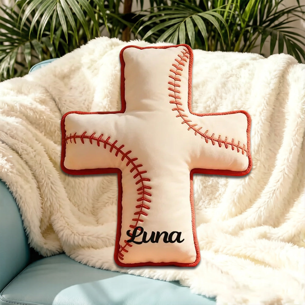 Personalized Baseball Cross Pillow, Custom Name Christian Gift for Baseball Fans