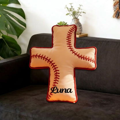 Personalized Baseball Cross Pillow, Custom Name Christian Gift for Baseball Fans