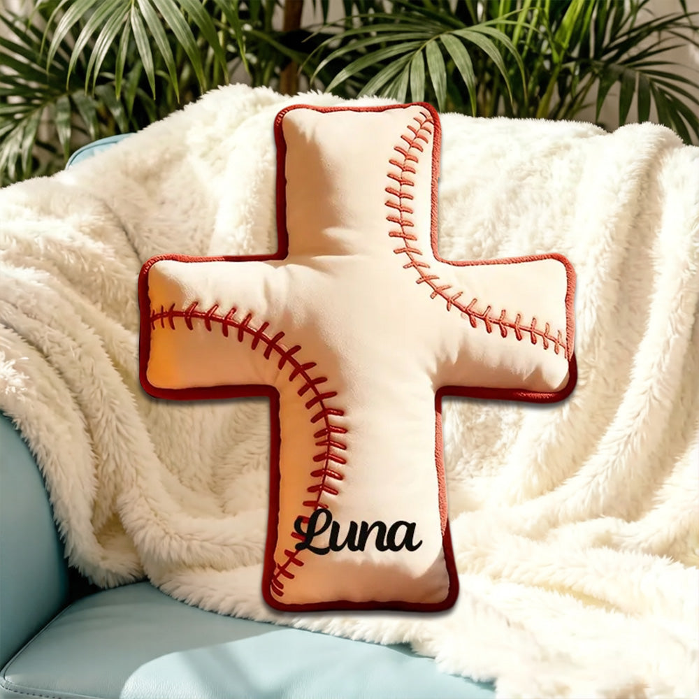 Personalized Baseball Cross Pillow, Custom Name Christian Gift for Baseball Fans