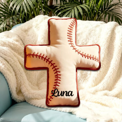 Personalized Baseball Cross Pillow, Custom Name Christian Gift for Baseball Fans