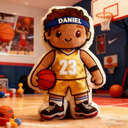 Personalized Basketball Player Plush Pillow – Custom Name & Jersey Number, Yellow and Blue