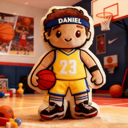 Personalized Basketball Player Plush Pillow – Custom Name & Jersey Number, Yellow and Blue