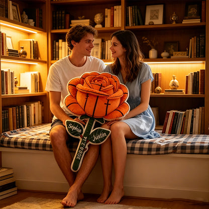 Personalized Basketball Rose Pillow – Custom Names & Date, Perfect Valentine’s Day Gift for Couples