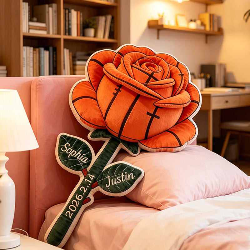 Personalized Basketball Rose Pillow – Custom Names & Date, Perfect Valentine’s Day Gift for Couples