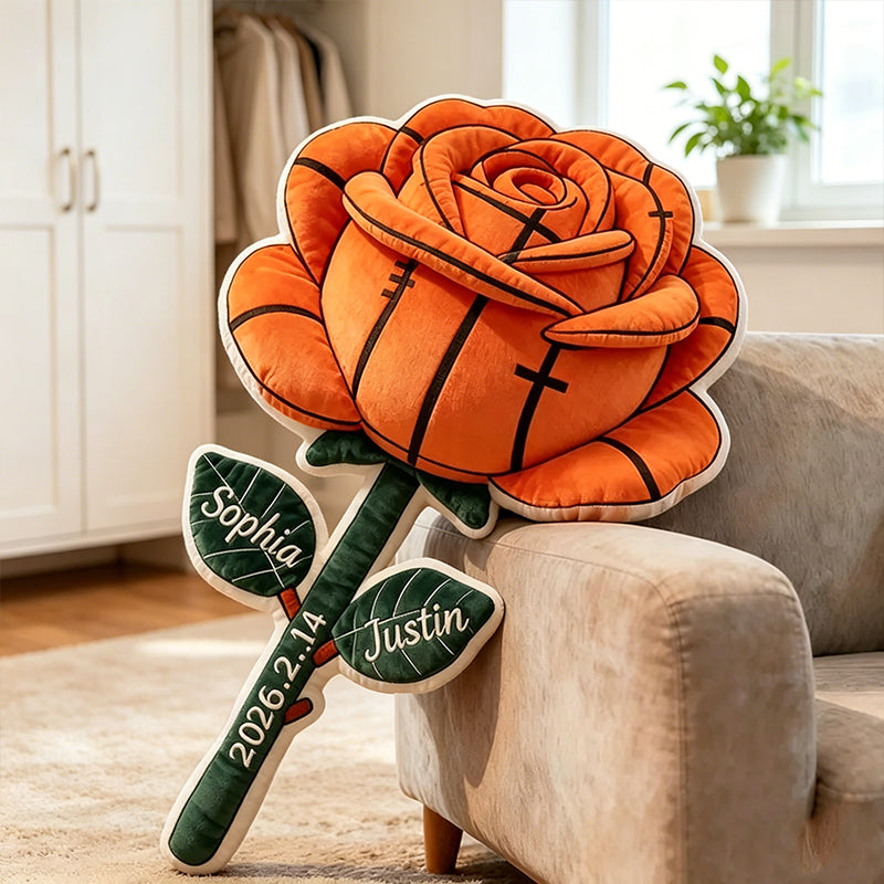 Personalized Basketball Rose Pillow – Custom Names & Date, Perfect Valentine’s Day Gift for Couples