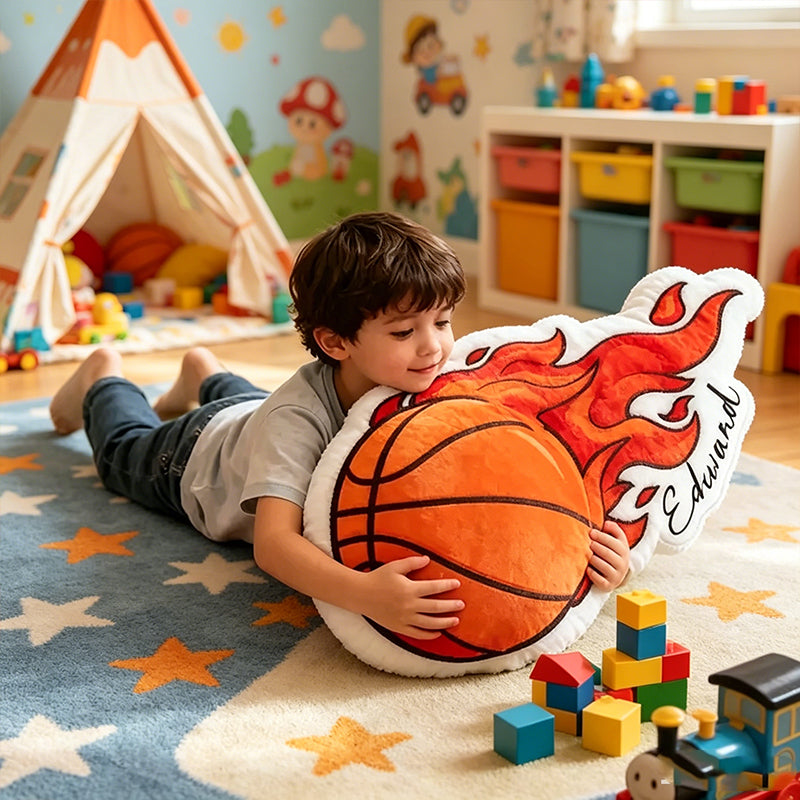 Custom Basketball Flame Pillow – Personalized Name Gift for Young Players and Fans