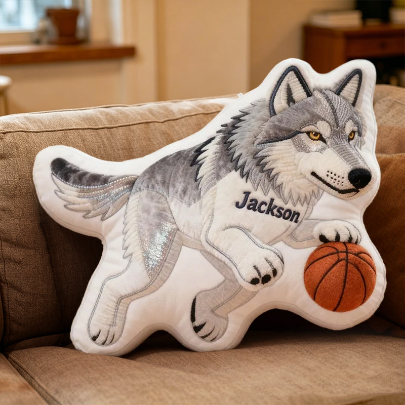 Personalized Basketball Wolf Pillow with Custom Name for Kids and Fans