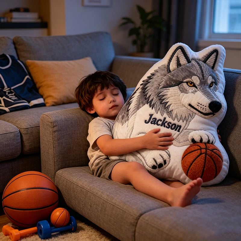 Personalized Basketball Wolf Pillow with Custom Name for Kids and Fans