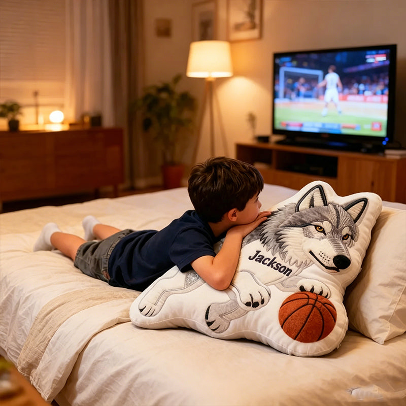 Personalized Basketball Wolf Pillow with Custom Name for Kids and Fans