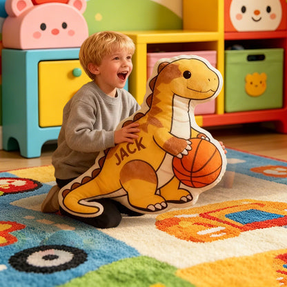 Custom Name Dinosaur Basketball Pillow – Fun Gift for Kids and Sports Enthusiasts