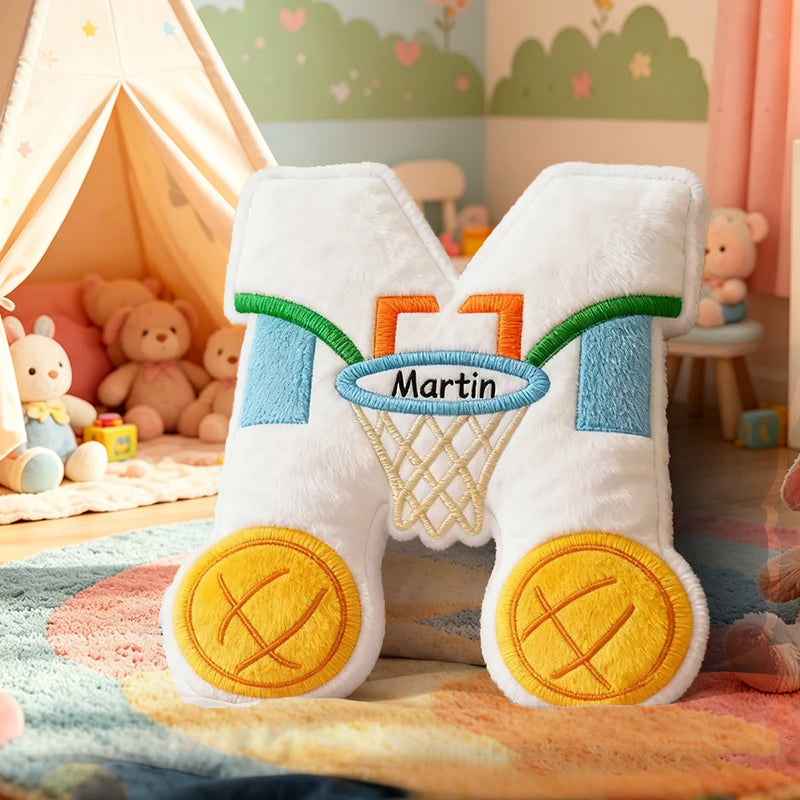 Custom Name Sports-Themed Letter Pillow – Basketball Hoop Design for Kids