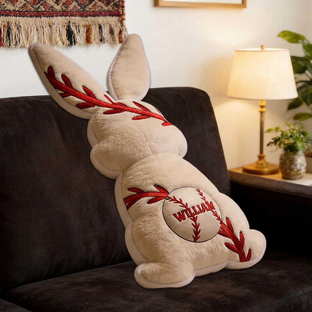 Personalized Baseball Bunny Pillow Featuring Your Custom Name