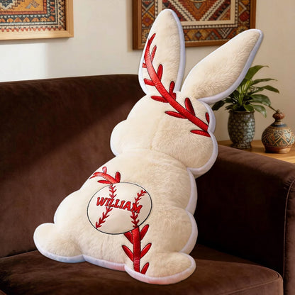 Personalized Baseball Bunny Pillow Featuring Your Custom Name