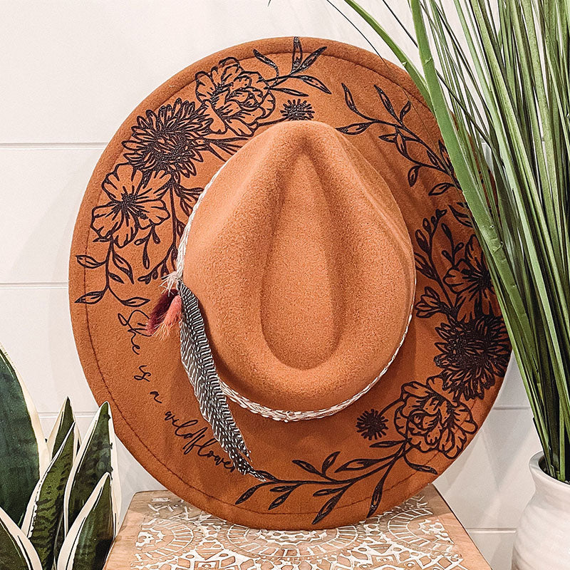 Personalized She is a Wildflower Floral Burned Hat Engraved Wide Brim Sunflower Hat Cowboy Boho Hat Gift For Women