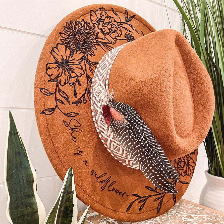 Personalized She is a Wildflower Floral Burned Hat Engraved Wide Brim Sunflower Hat Cowboy Boho Hat Gift For Women