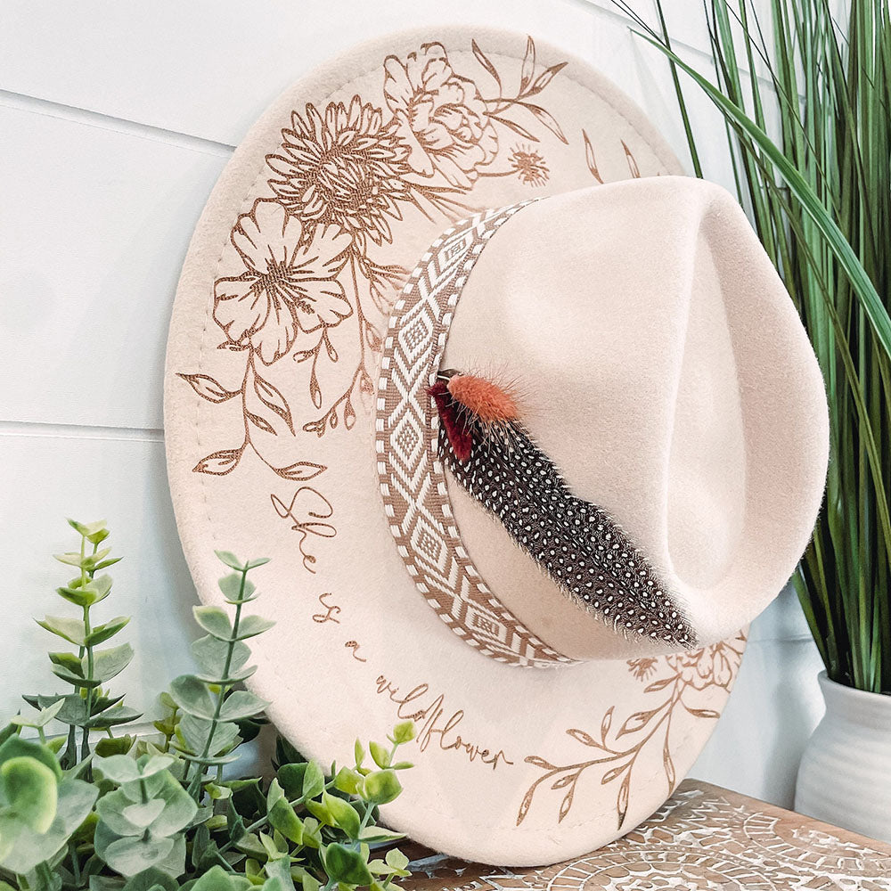 Personalized She is a Wildflower Floral Burned Hat Engraved Wide Brim Sunflower Hat Cowboy Boho Hat Gift For Women