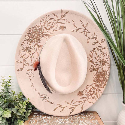 Personalized She is a Wildflower Floral Burned Hat Engraved Wide Brim Sunflower Hat Cowboy Boho Hat Gift For Women