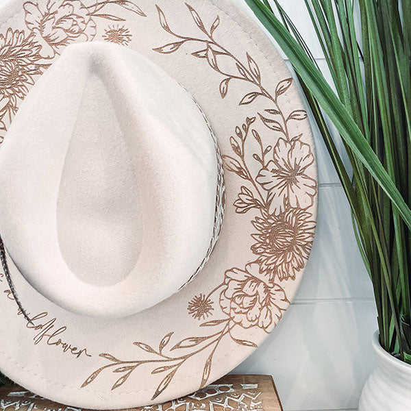 Personalized She is a Wildflower Floral Burned Hat Engraved Wide Brim Sunflower Hat Cowboy Boho Hat Gift For Women
