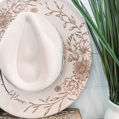 Personalized She is a Wildflower Floral Burned Hat Engraved Wide Brim Sunflower Hat Cowboy Boho Hat Gift For Women