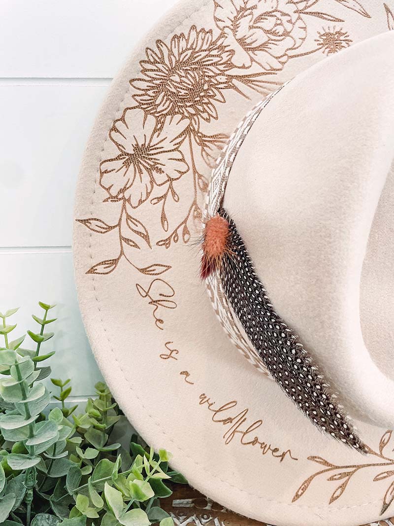 Personalized She is a Wildflower Floral Burned Hat Engraved Wide Brim Sunflower Hat Cowboy Boho Hat Gift For Women