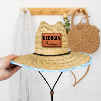Personalized Kids Straw Hat with Name and Symbols Leather Patch Sun Hats for Baby Toddler Women Men