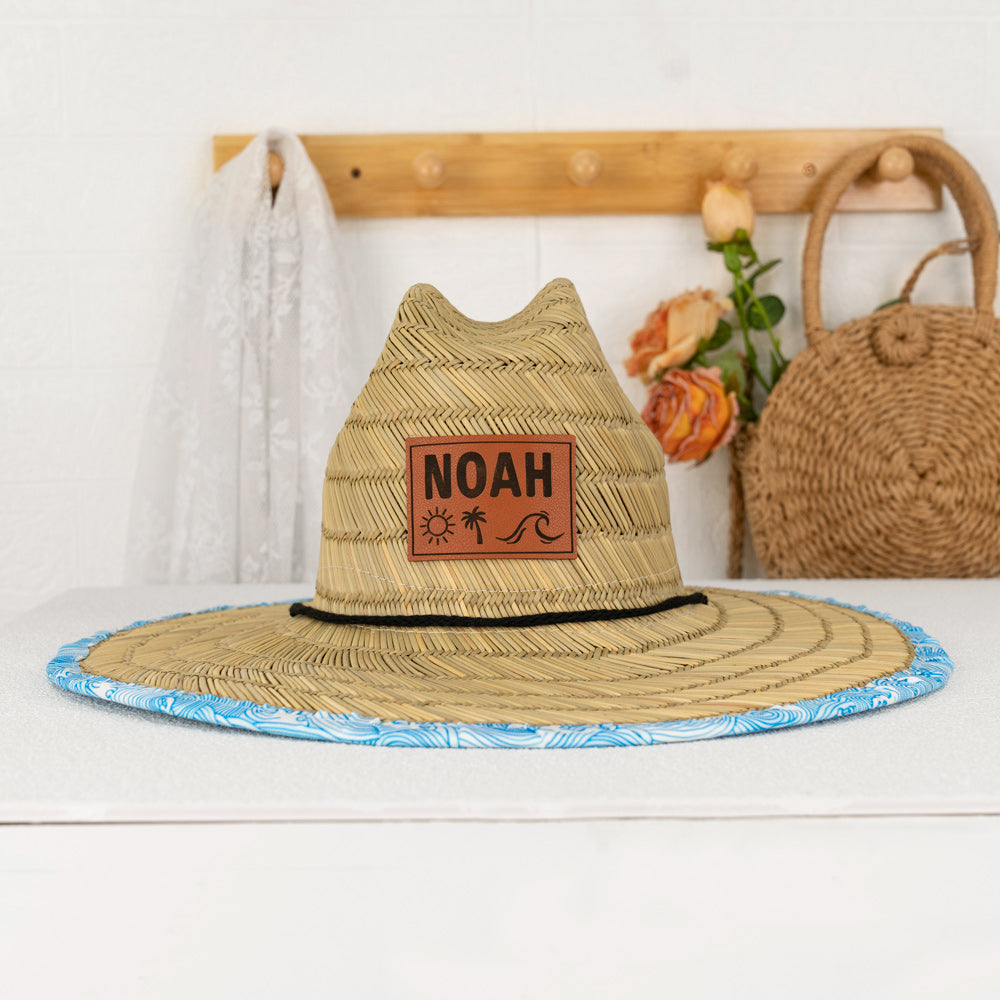 Personalized Leather Name Patch Straw Hat with Name and Symbols Sun Hat Gift for Toddler Child Adult