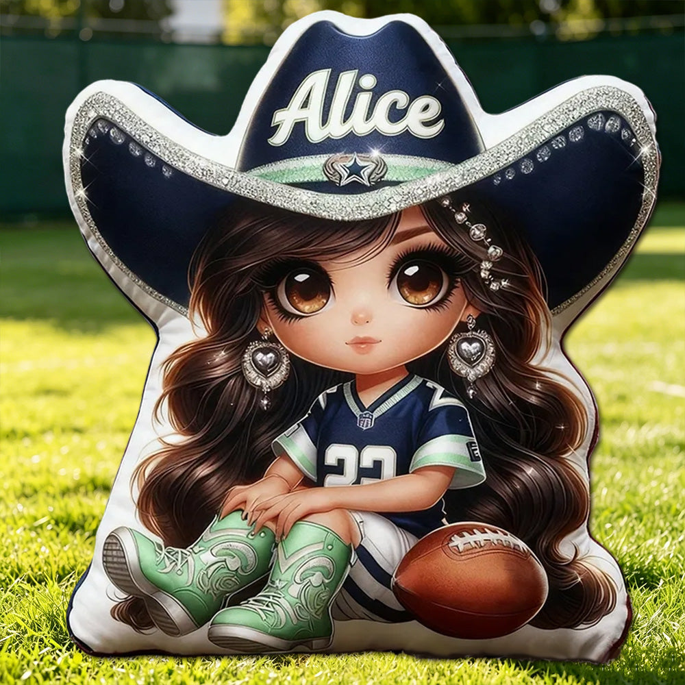 Personalized Cowgirl Football Plush Pillow – Custom Name Gift for Kids and Fans