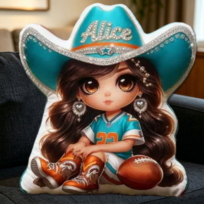 Personalized Cowgirl Football Plush Pillow – Custom Name Gift for Kids and Fans