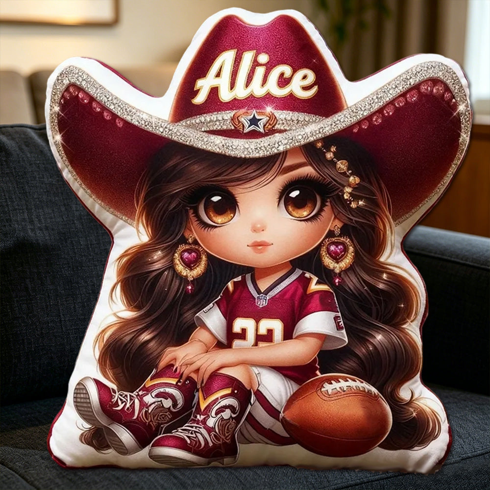 Personalized Cowgirl Football Plush Pillow – Custom Name Gift for Kids and Fans