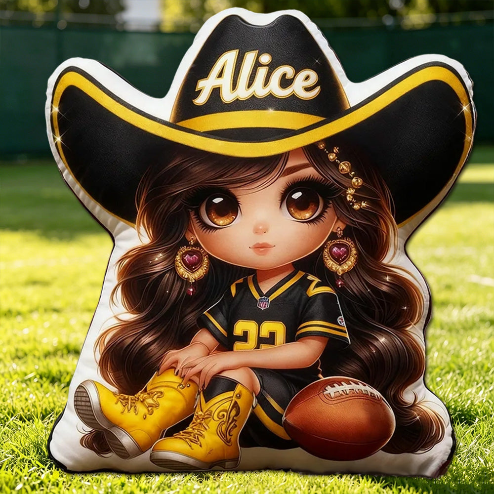 Personalized Cowgirl Football Plush Pillow – Custom Name Gift for Kids and Fans
