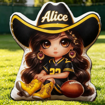 Personalized Cowgirl Football Plush Pillow – Custom Name Gift for Kids and Fans