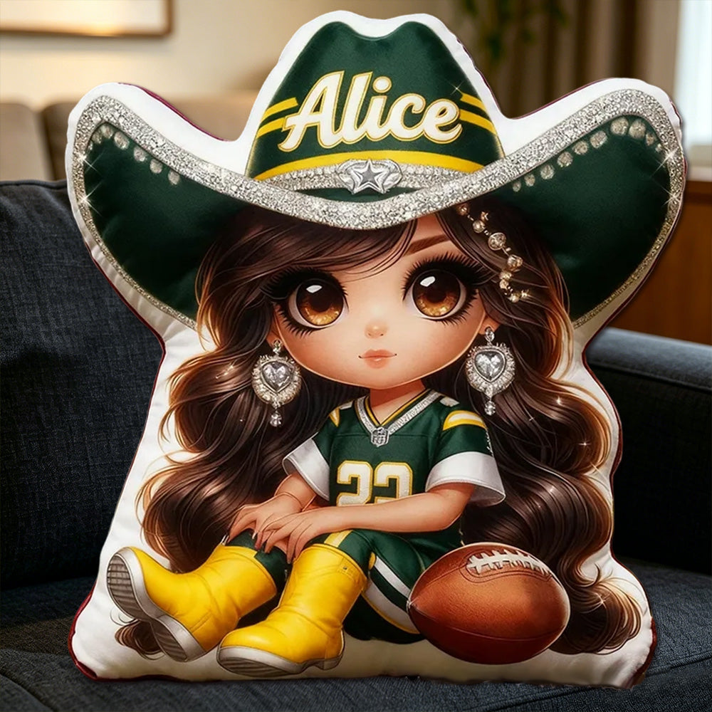 Personalized Cowgirl Football Plush Pillow – Custom Name Gift for Kids and Fans