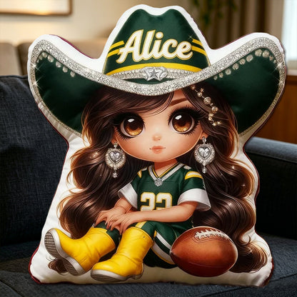 Personalized Cowgirl Football Plush Pillow – Custom Name Gift for Kids and Fans