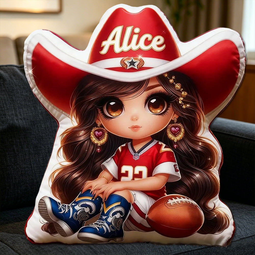 Personalized Cowgirl Football Plush Pillow – Custom Name Gift for Kids and Fans