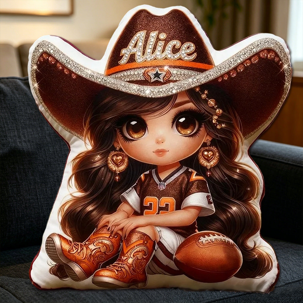 Personalized Cowgirl Football Plush Pillow – Custom Name Gift for Kids and Fans