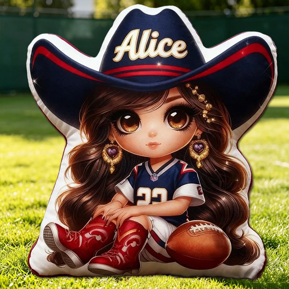 Personalized Cowgirl Football Plush Pillow – Custom Name Gift for Kids and Fans