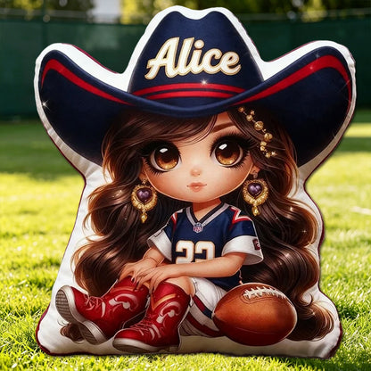 Personalized Cowgirl Football Plush Pillow – Custom Name Gift for Kids and Fans