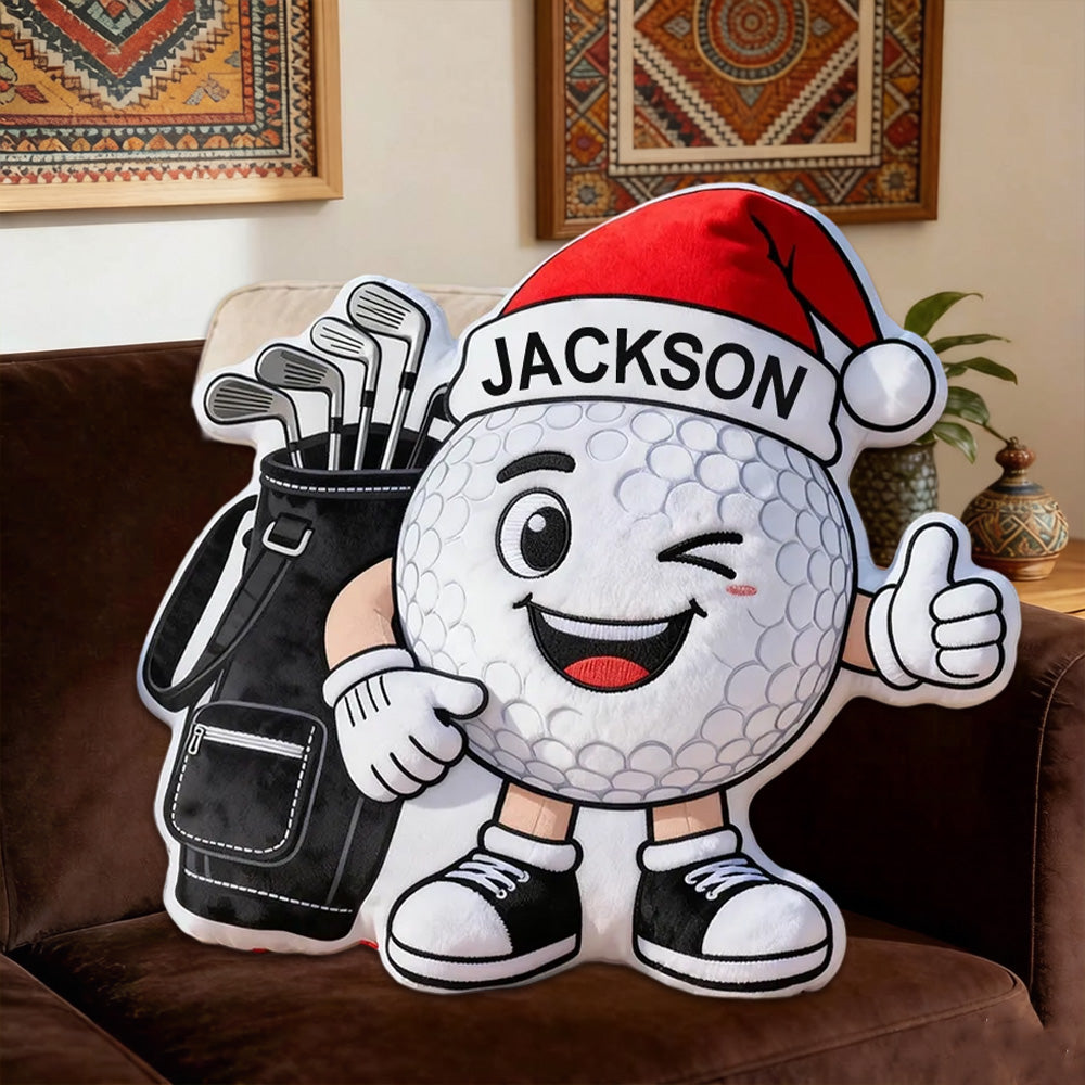 Personalized Golf Ball Pillow with Santa Hat – Custom Name Golf Gift for Golf Lovers