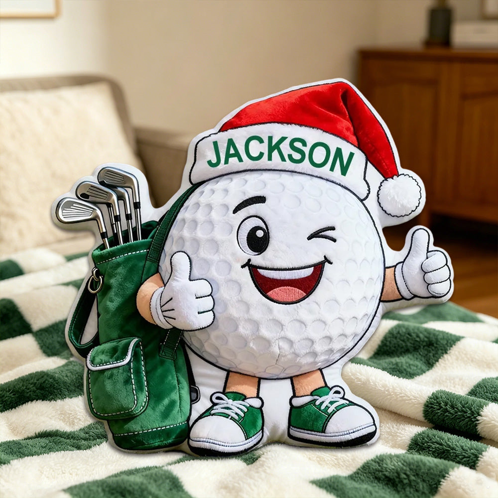 Personalized Golf Ball Pillow with Santa Hat – Custom Name Golf Gift for Golf Lovers