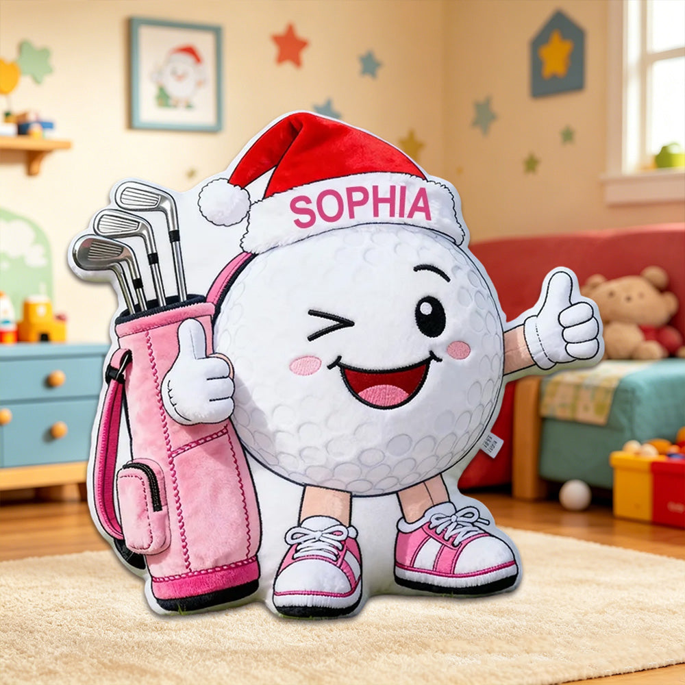 Personalized Golf Ball Pillow with Santa Hat – Custom Name Golf Gift for Golf Lovers