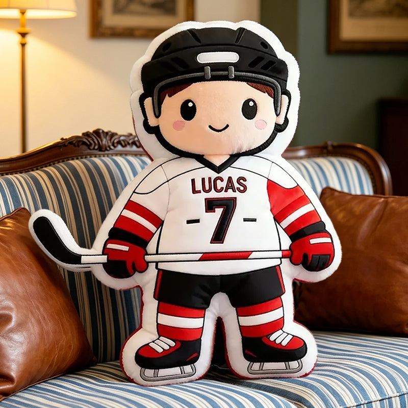 Personalized Ice Hockey Pillow with Custom Name & Jersey Number – Cute Hockey Player Cushion, Sports Room Decor, Gift for Kids, Hockey Players, and Ice Hockey Fans