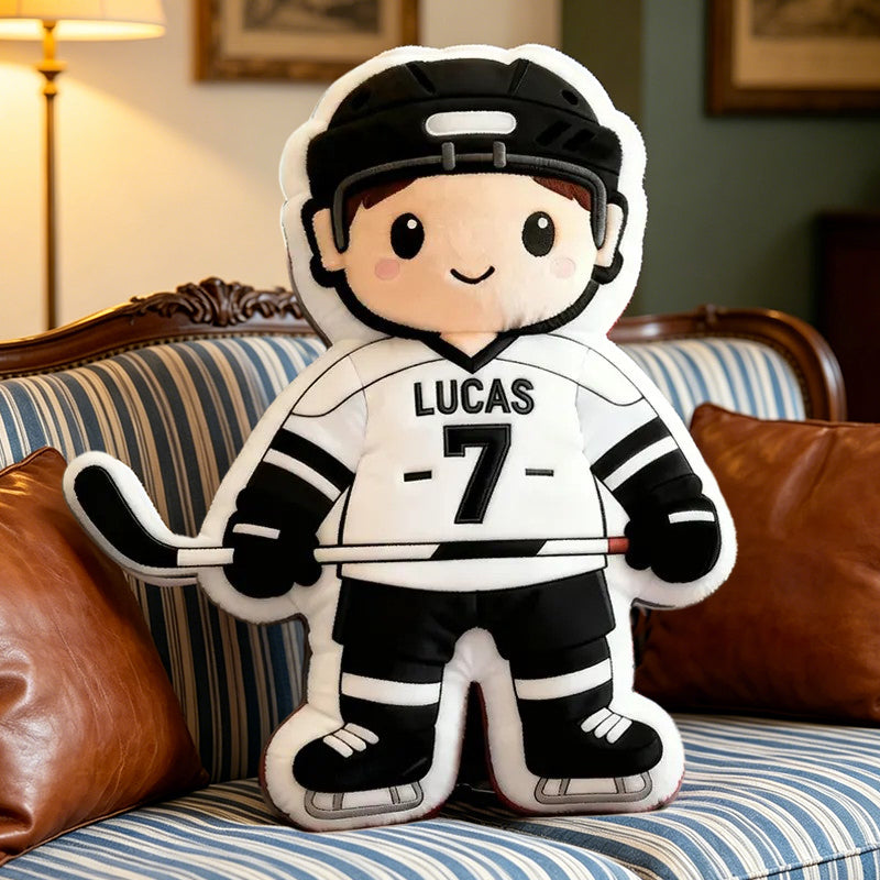 Personalized Ice Hockey Pillow with Custom Name & Jersey Number – Cute Hockey Player Cushion, Sports Room Decor, Gift for Kids, Hockey Players, and Ice Hockey Fans