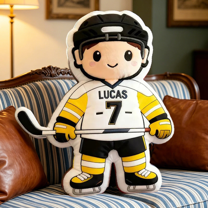 Personalized Ice Hockey Pillow with Custom Name & Jersey Number – Cute Hockey Player Cushion, Sports Room Decor, Gift for Kids, Hockey Players, and Ice Hockey Fans
