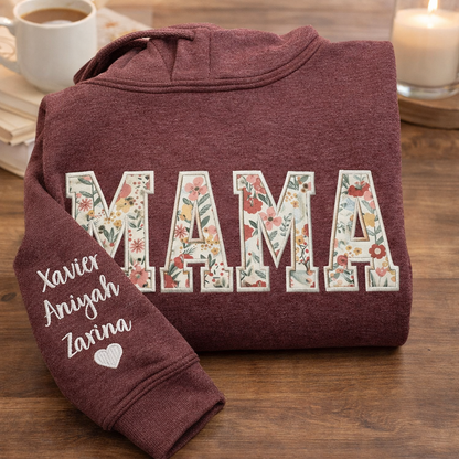 Personalized Embroidered Mama Sweatshirt Hoodie – Custom Names on Sleeve, Unique Mother’s Day Keepsake Gift
