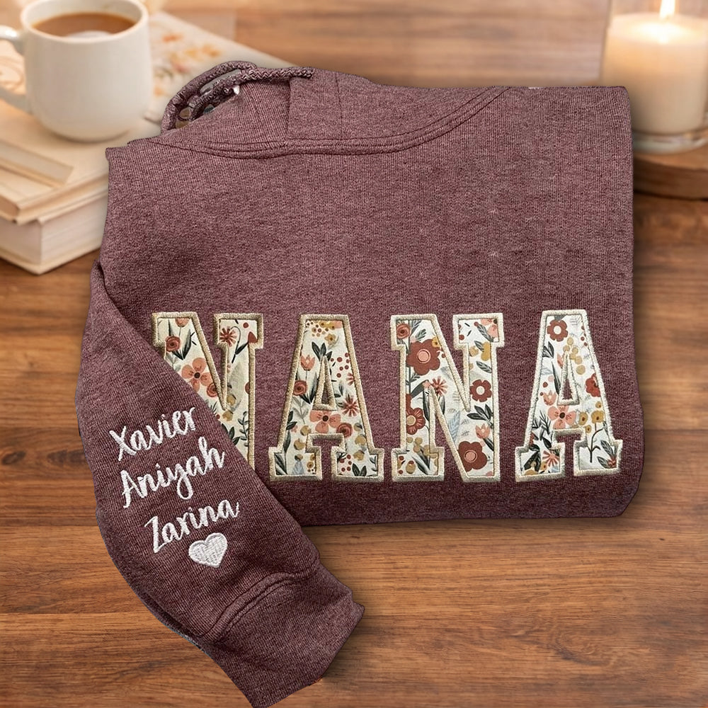 Personalized Embroidered Mama Sweatshirt Hoodie – Custom Names on Sleeve, Unique Mother’s Day Keepsake Gift