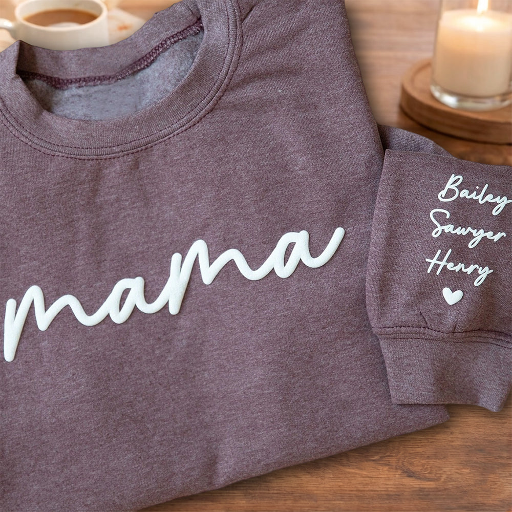 Personalized Mama Sweatshirt – Kids’ Names on Sleeve, Birthday or Mother’s Day Gift for Mom or New Mom