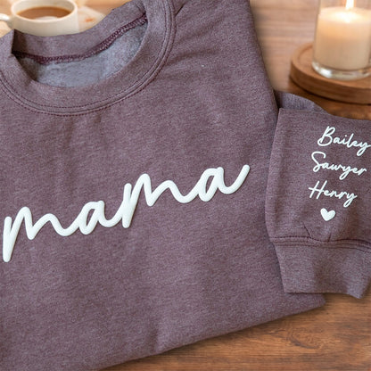 Personalized Mama Sweatshirt – Kids’ Names on Sleeve, Birthday or Mother’s Day Gift for Mom or New Mom
