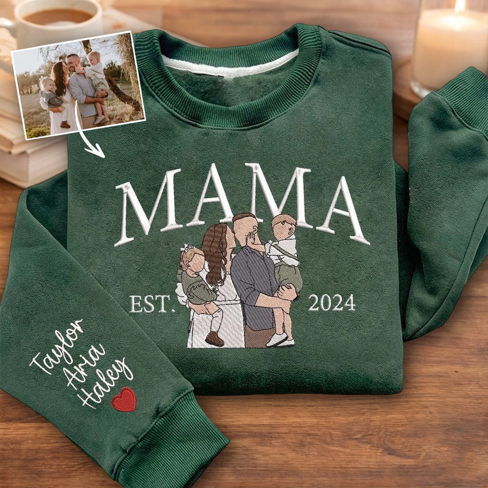 Personalized Mama Embroidered Photo Portrait Sweatshirt – Kids’ Names on Sleeve, Gift for Mom or New Mom