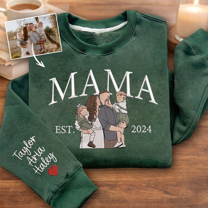 Personalized Mama Embroidered Photo Portrait Sweatshirt – Kids’ Names on Sleeve, Gift for Mom or New Mom